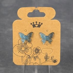 Blue & Black Butterfly Stud Earring Stainless Steel Post Butterfly/Silicone Back